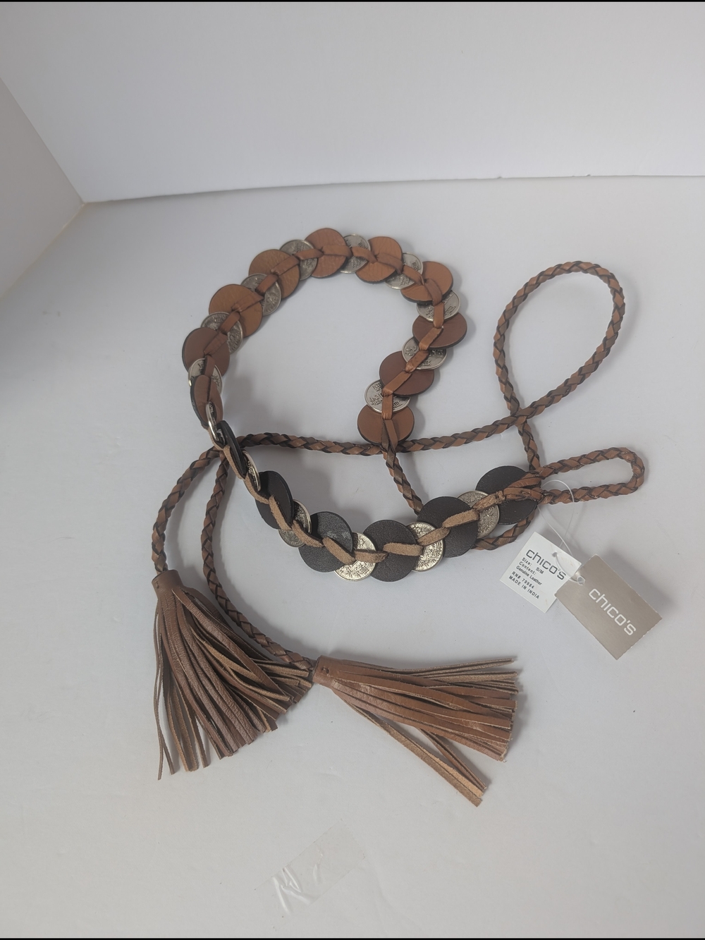 Chico's NWT Leather Braided Coin Tassel Brown Belt Boho Western